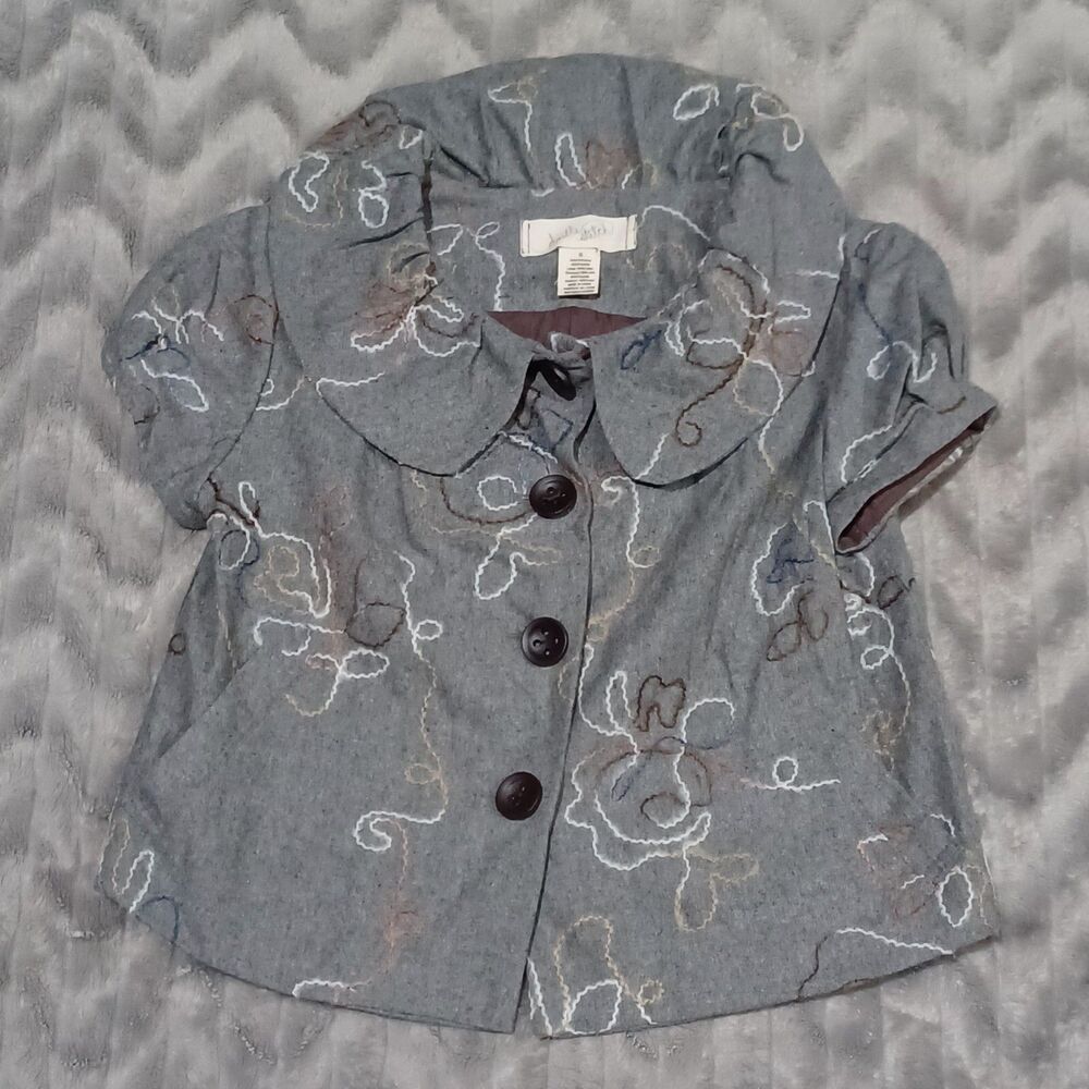 Double Stitch Womens S Gray Short Sleeve Wool Blend Embroidered Cropped Jacket